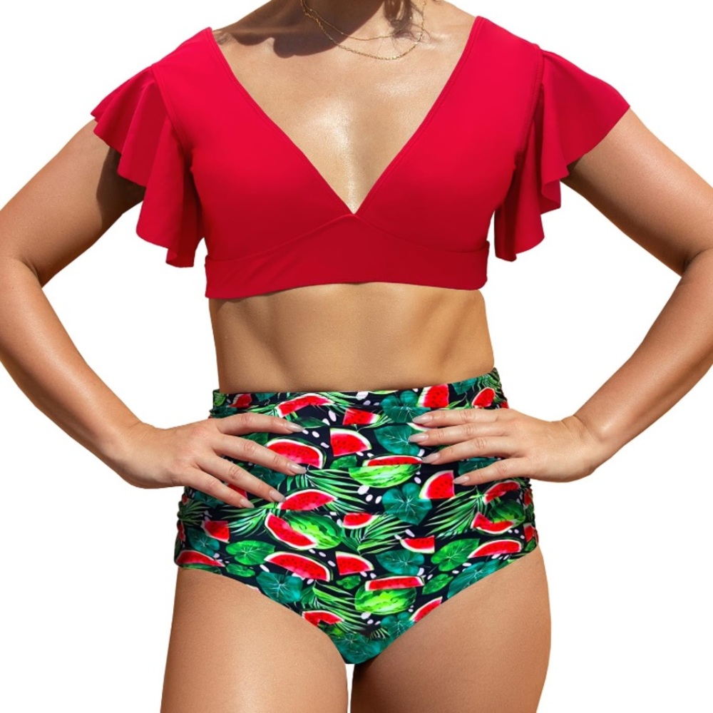Womens High-Waist Watermelon Red Tankini
